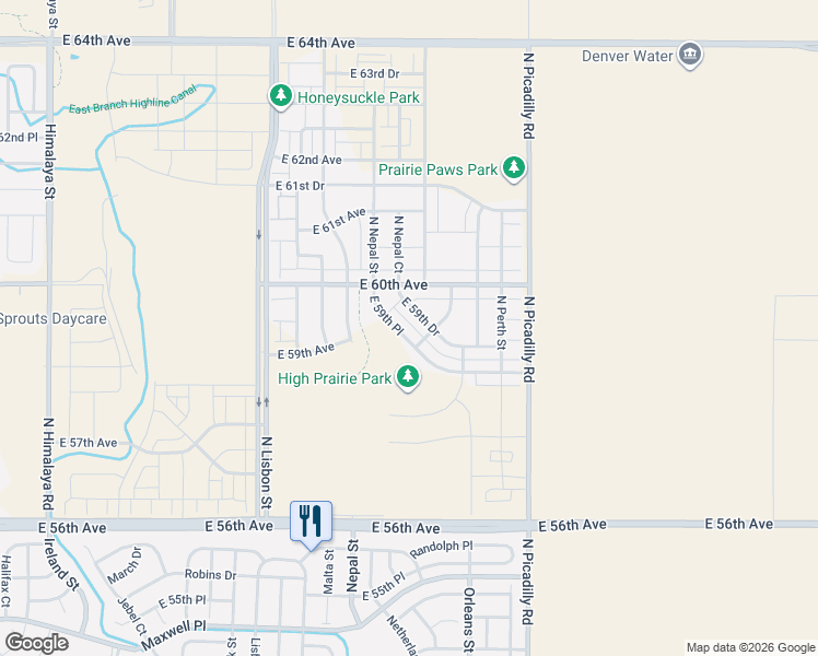 map of restaurants, bars, coffee shops, grocery stores, and more near 21383 East 59th Place in Aurora