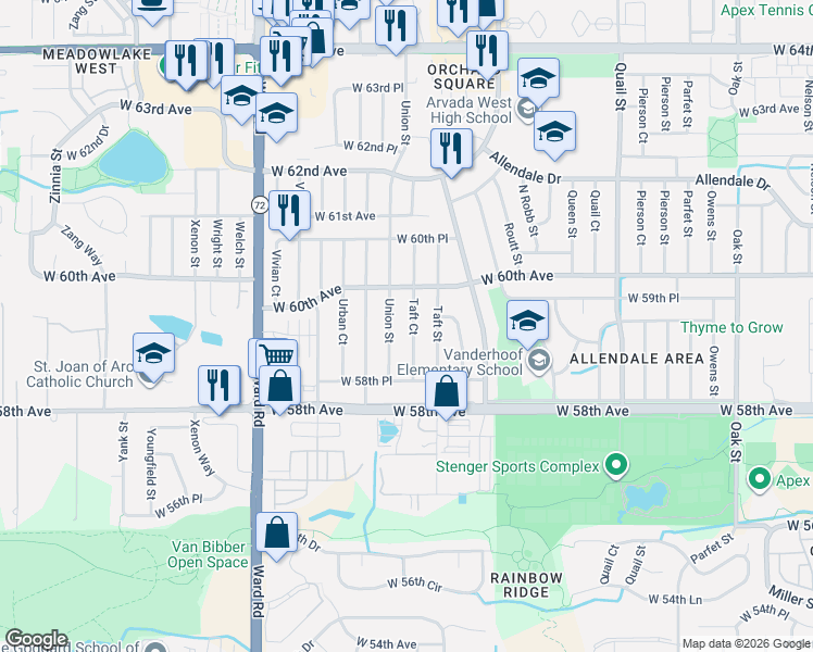 map of restaurants, bars, coffee shops, grocery stores, and more near 5889 Taft Court in Arvada