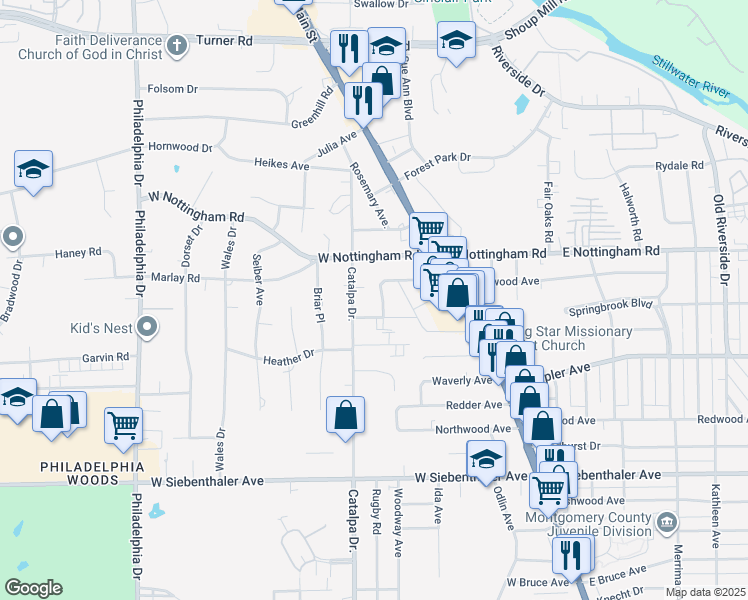 map of restaurants, bars, coffee shops, grocery stores, and more near 115 Bennington Drive in Dayton