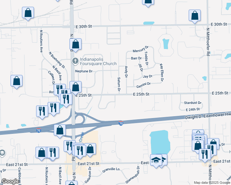 map of restaurants, bars, coffee shops, grocery stores, and more near 2466 Saturn Drive in Indianapolis