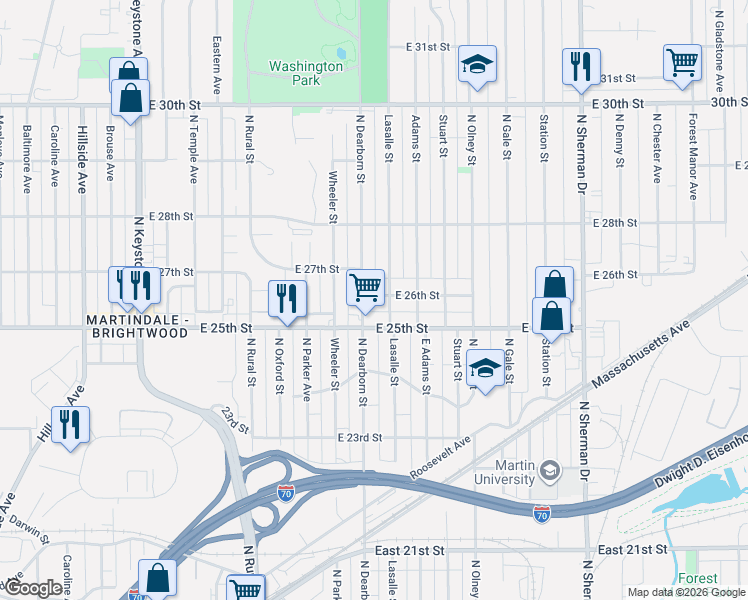 map of restaurants, bars, coffee shops, grocery stores, and more near 2509 North Dearborn Street in Indianapolis