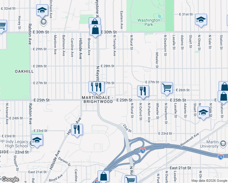 map of restaurants, bars, coffee shops, grocery stores, and more near 2520 North Temple Avenue in Indianapolis