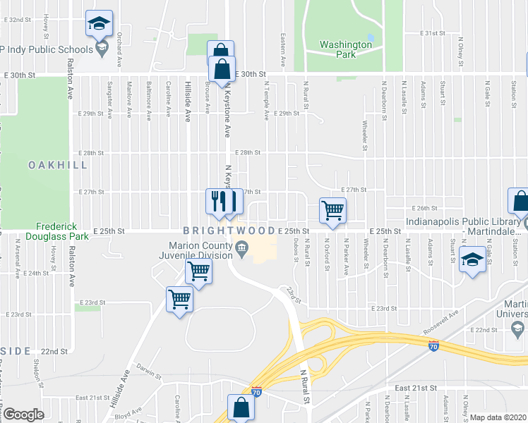 map of restaurants, bars, coffee shops, grocery stores, and more near 2520 North Temple Avenue in Indianapolis