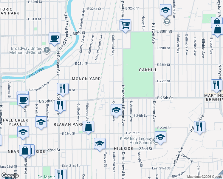 map of restaurants, bars, coffee shops, grocery stores, and more near 1212 East 25th Street in Indianapolis