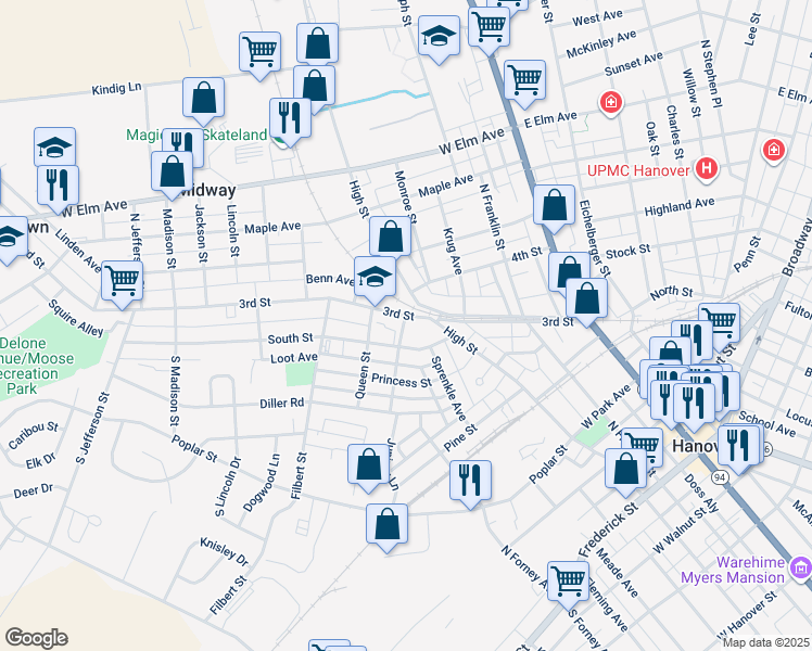 map of restaurants, bars, coffee shops, grocery stores, and more near 212 3rd Street in Hanover