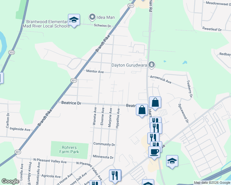 map of restaurants, bars, coffee shops, grocery stores, and more near 3536 Golden Meadows Court in Dayton