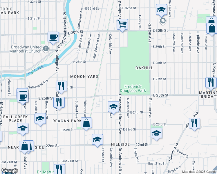 map of restaurants, bars, coffee shops, grocery stores, and more near 1212 East 25th Street in Indianapolis