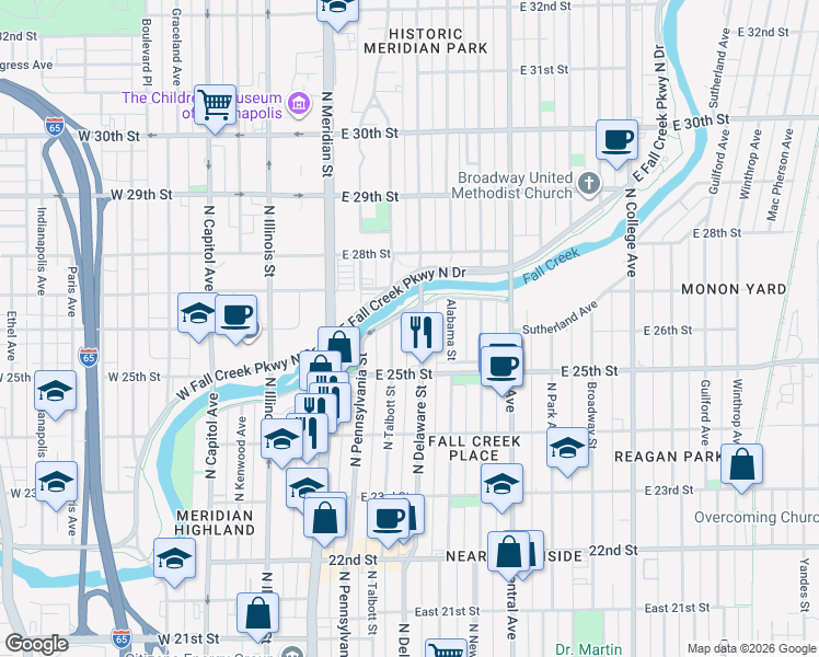 map of restaurants, bars, coffee shops, grocery stores, and more near 2541 North Talbott Street in Indianapolis