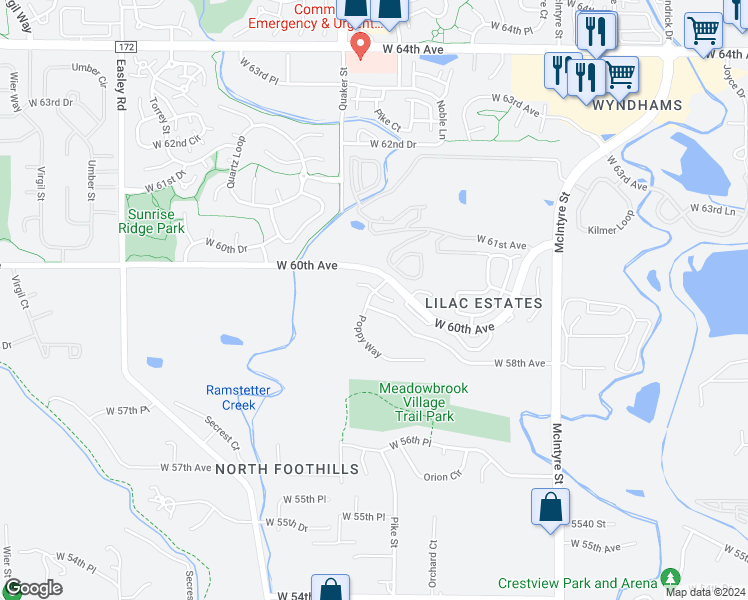 map of restaurants, bars, coffee shops, grocery stores, and more near 16298 West 59th Place in Golden