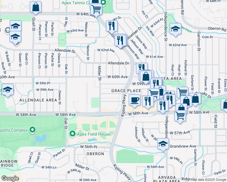map of restaurants, bars, coffee shops, grocery stores, and more near 10311 West 59th Avenue in Arvada