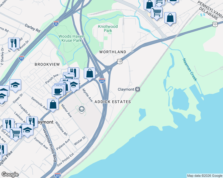 map of restaurants, bars, coffee shops, grocery stores, and more near 49 Marion Avenue in Claymont