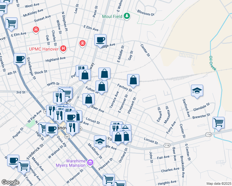 map of restaurants, bars, coffee shops, grocery stores, and more near 408 Terrace Avenue in Hanover
