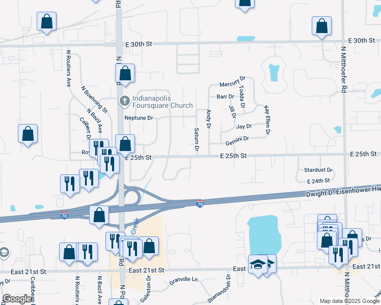 map of restaurants, bars, coffee shops, grocery stores, and more near 2466 Saturn Drive in Indianapolis
