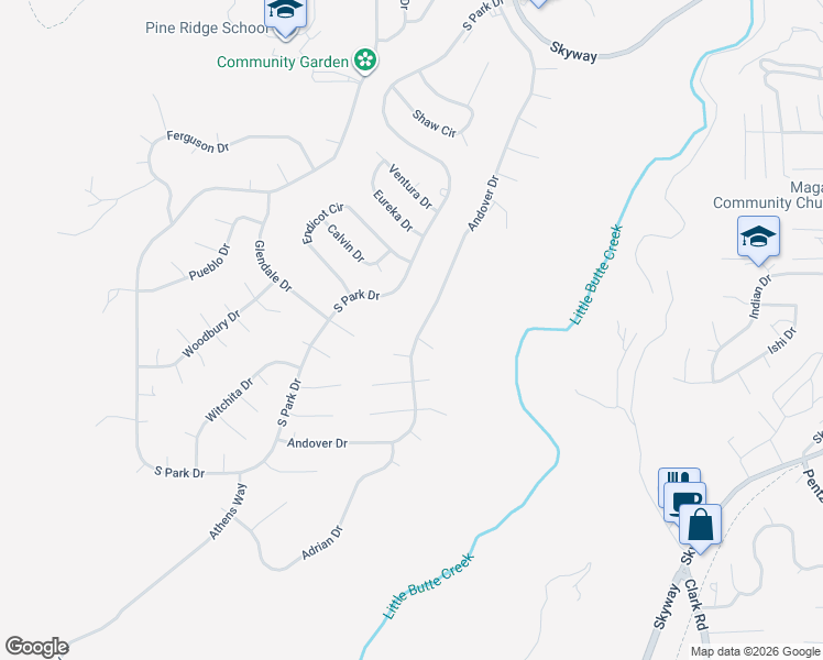 map of restaurants, bars, coffee shops, grocery stores, and more near 13671 Andover Drive in Magalia