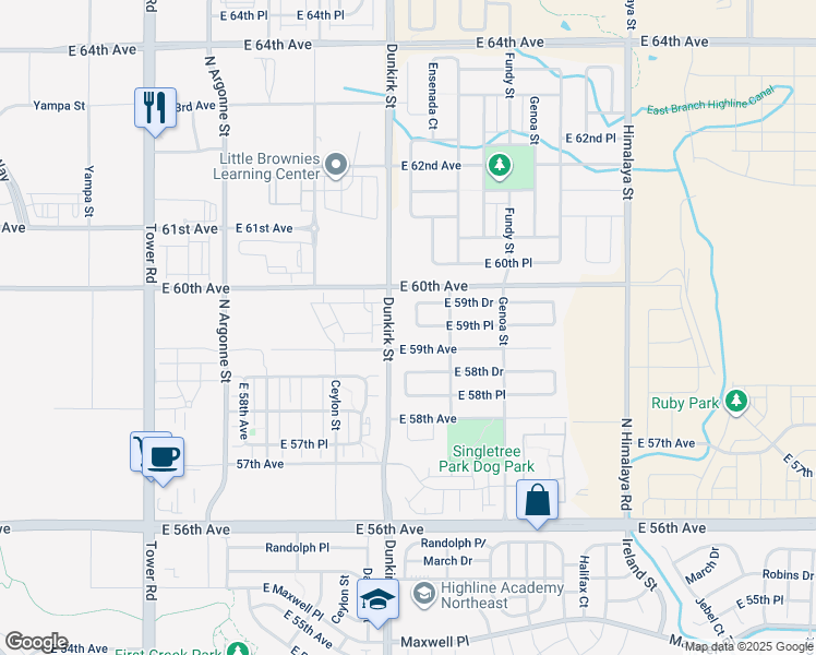 map of restaurants, bars, coffee shops, grocery stores, and more near 19370 East 59th Place in Aurora