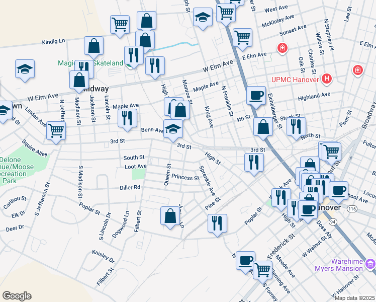 map of restaurants, bars, coffee shops, grocery stores, and more near 212 3rd Street in Hanover