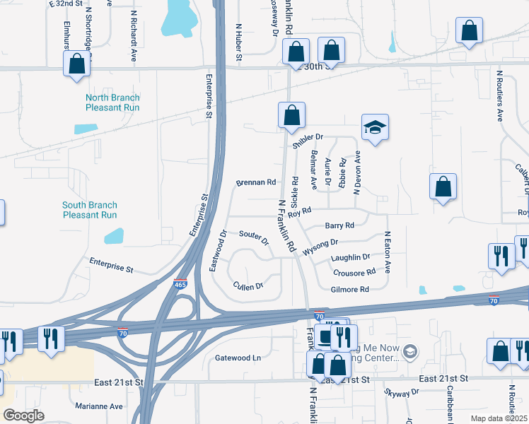 map of restaurants, bars, coffee shops, grocery stores, and more near 7915 Roy Road in Indianapolis