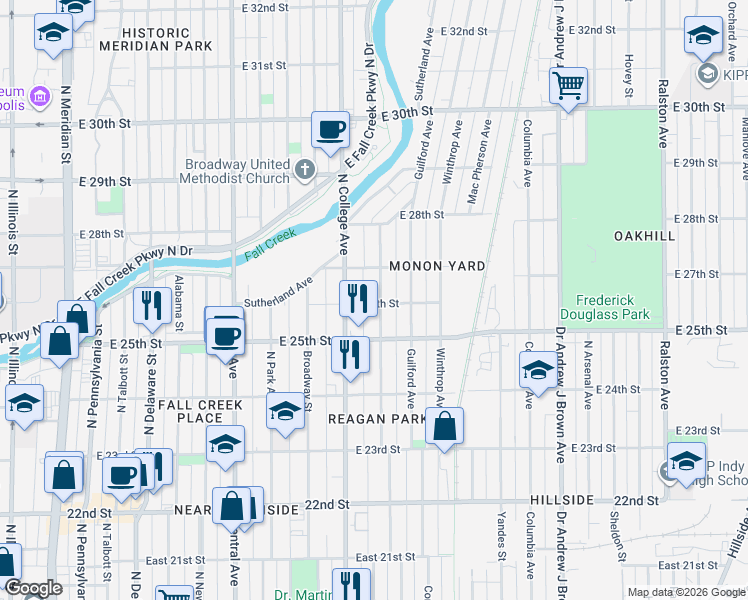 map of restaurants, bars, coffee shops, grocery stores, and more near 2604 Carrollton Avenue in Indianapolis