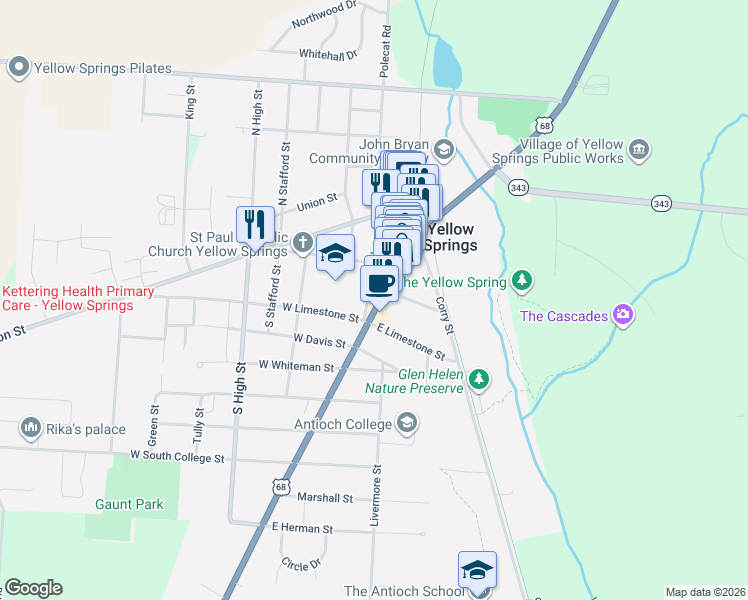 map of restaurants, bars, coffee shops, grocery stores, and more near 322 Xenia Avenue in Yellow Springs