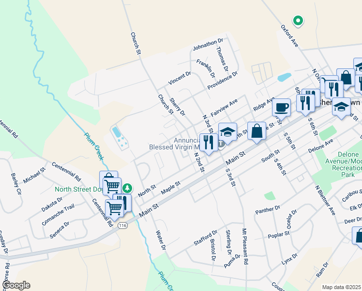 map of restaurants, bars, coffee shops, grocery stores, and more near 142 Pin Oak Place in McSherrystown