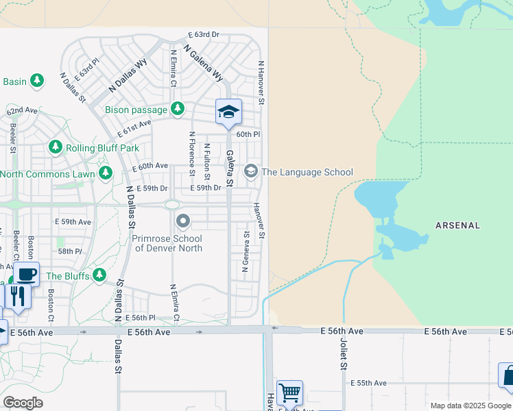 map of restaurants, bars, coffee shops, grocery stores, and more near 5905 Hanover Street in Denver