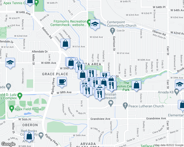 map of restaurants, bars, coffee shops, grocery stores, and more near 9517 Ralston Road in Arvada