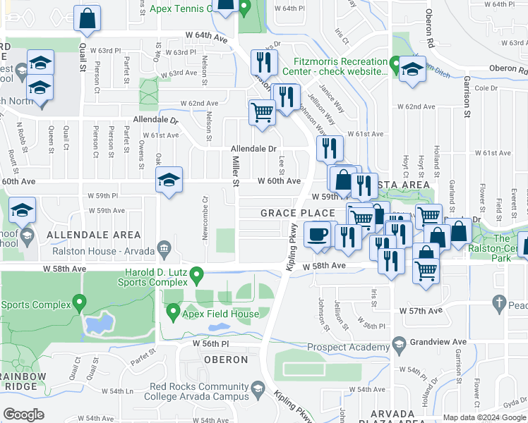 map of restaurants, bars, coffee shops, grocery stores, and more near 10322 West 59th Avenue in Arvada