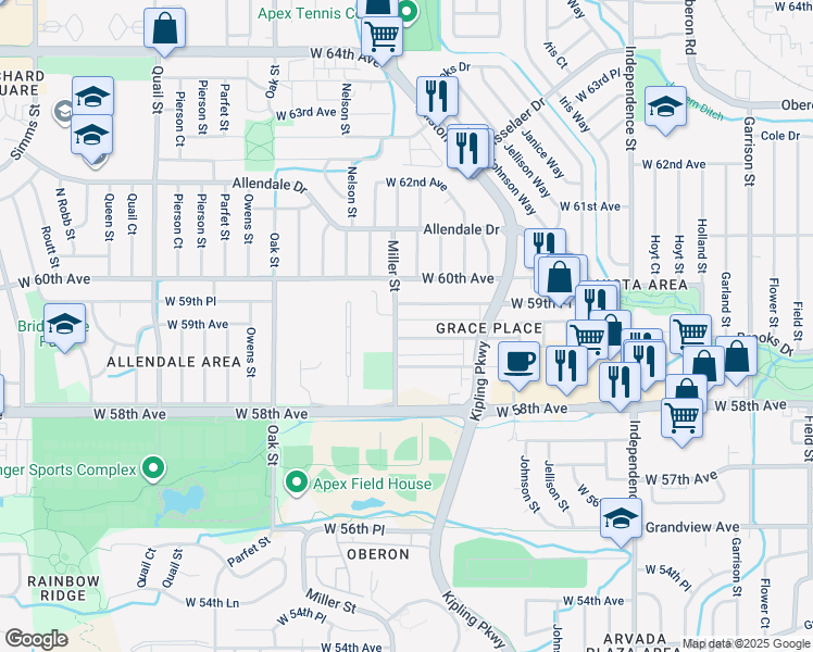 map of restaurants, bars, coffee shops, grocery stores, and more near 5896 Miller Street in Arvada