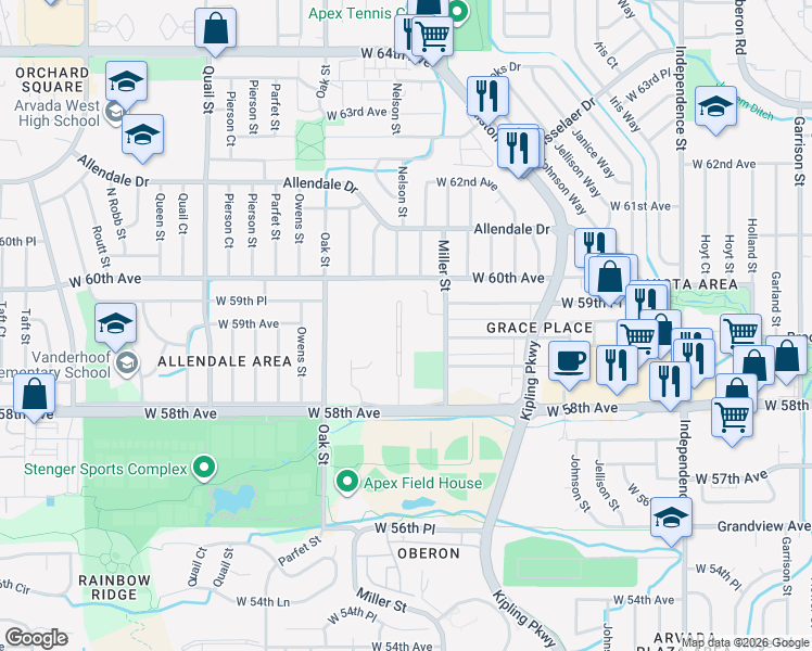 map of restaurants, bars, coffee shops, grocery stores, and more near 5900 Newcombe Court in Arvada