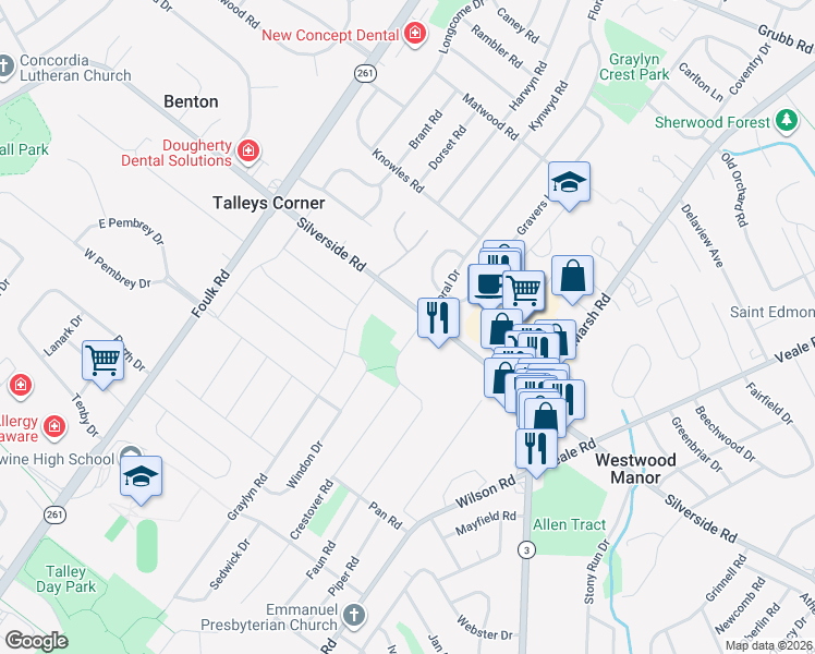 map of restaurants, bars, coffee shops, grocery stores, and more near 1255 Faun Road in Wilmington