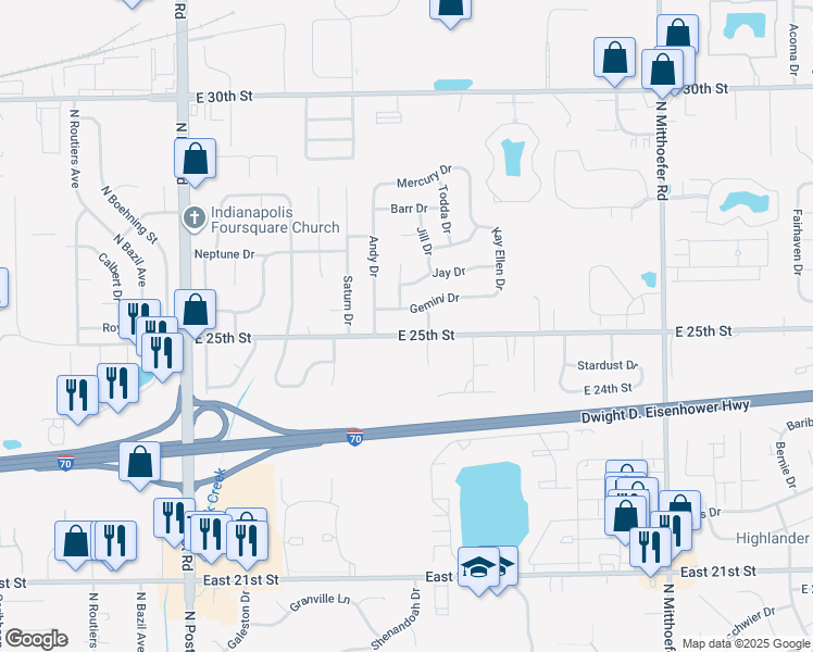 map of restaurants, bars, coffee shops, grocery stores, and more near 9425 East 25th Street in Indianapolis