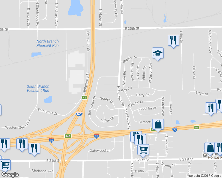 map of restaurants, bars, coffee shops, grocery stores, and more near 7915 Roy Road in Indianapolis