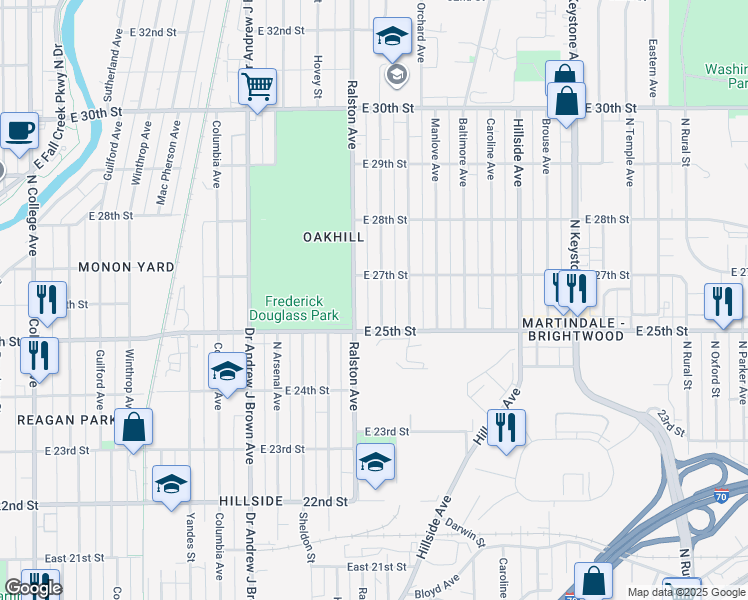 map of restaurants, bars, coffee shops, grocery stores, and more near 2518 Schofield Avenue in Indianapolis