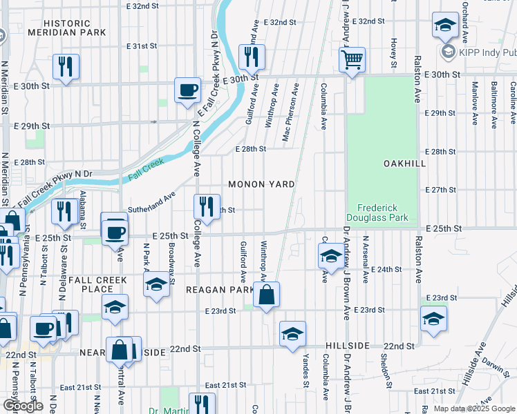 map of restaurants, bars, coffee shops, grocery stores, and more near 2571 Winthrop Avenue in Indianapolis