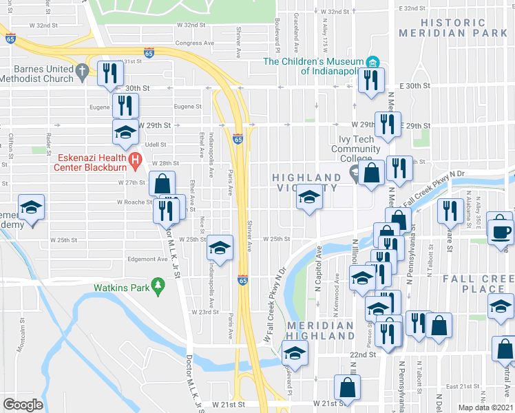 map of restaurants, bars, coffee shops, grocery stores, and more near 341 West 26th Street in Indianapolis