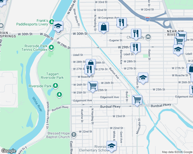 map of restaurants, bars, coffee shops, grocery stores, and more near 1356 West 26th Street in Indianapolis
