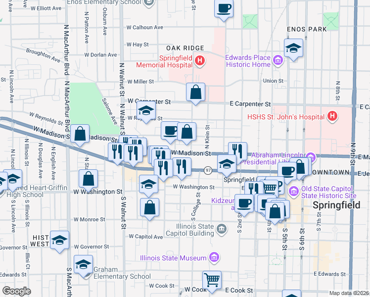 map of restaurants, bars, coffee shops, grocery stores, and more near 300-398 West Madison Street in Springfield