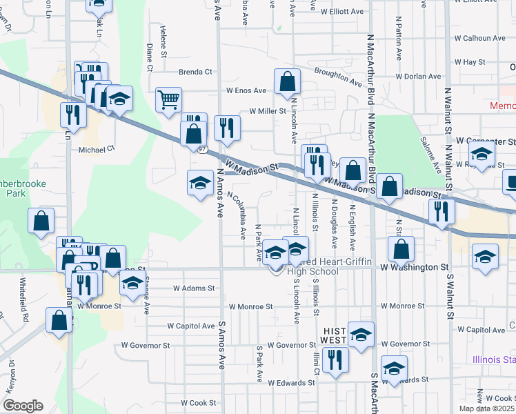 map of restaurants, bars, coffee shops, grocery stores, and more near 240 North Columbia Avenue in Springfield