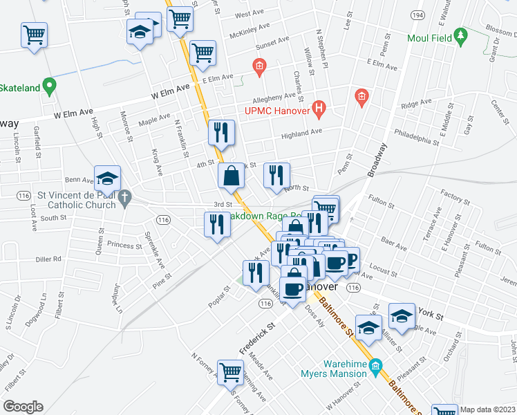 map of restaurants, bars, coffee shops, grocery stores, and more near 331 Carlisle Street in Hanover