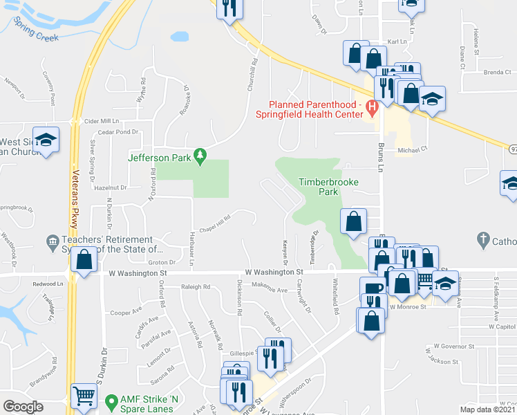 map of restaurants, bars, coffee shops, grocery stores, and more near 2521 Chapel Hill Road in Springfield