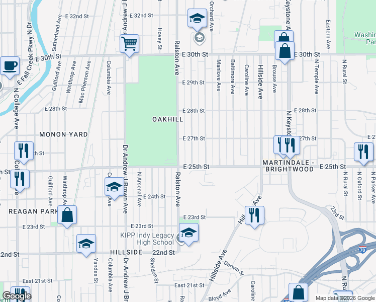 map of restaurants, bars, coffee shops, grocery stores, and more near 2518 Schofield Avenue in Indianapolis