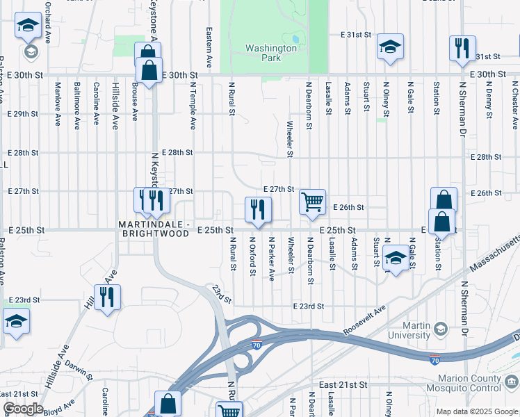 map of restaurants, bars, coffee shops, grocery stores, and more near 2603 Hyche Avenue in Indianapolis