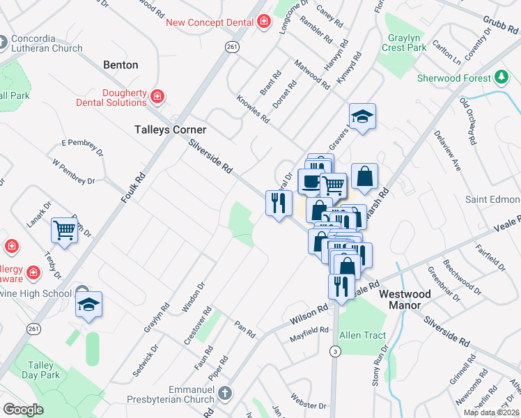map of restaurants, bars, coffee shops, grocery stores, and more near 1255 Faun Road in Wilmington