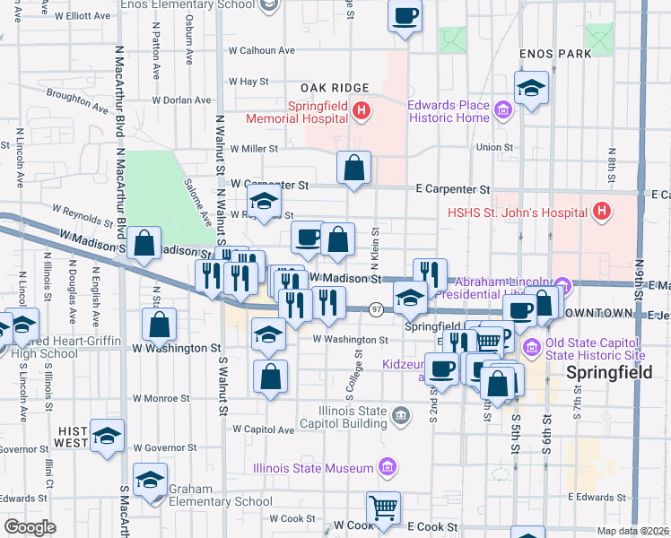 map of restaurants, bars, coffee shops, grocery stores, and more near 300-398 West Madison Street in Springfield