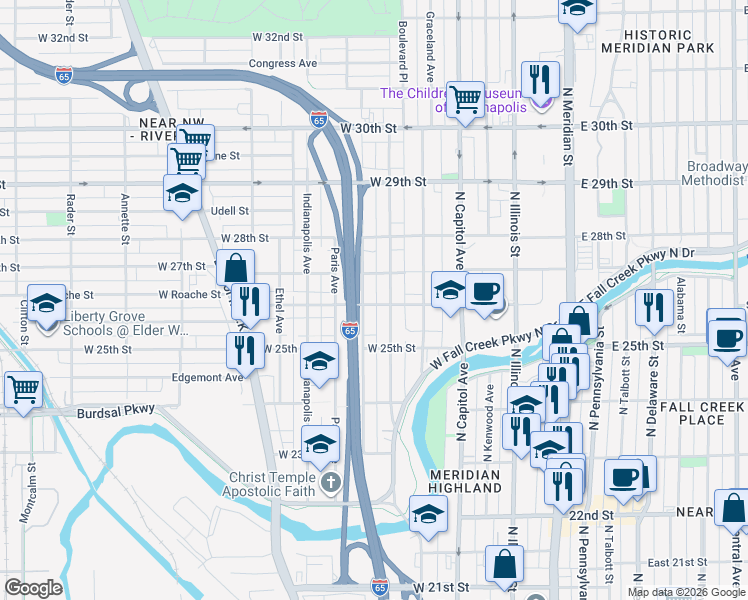 map of restaurants, bars, coffee shops, grocery stores, and more near 341 West 26th Street in Indianapolis