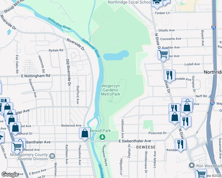 map of restaurants, bars, coffee shops, grocery stores, and more near 1301 East Siebenthaler Avenue in Dayton