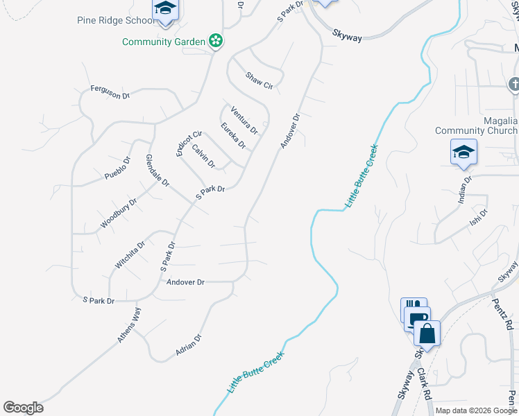 map of restaurants, bars, coffee shops, grocery stores, and more near 13680 Andover Drive in Magalia