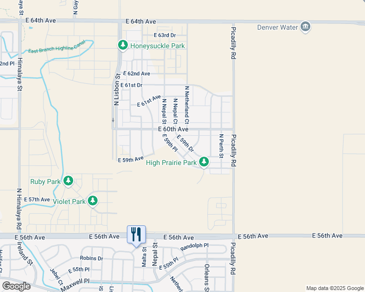 map of restaurants, bars, coffee shops, grocery stores, and more near 21383 East 59th Place in Aurora