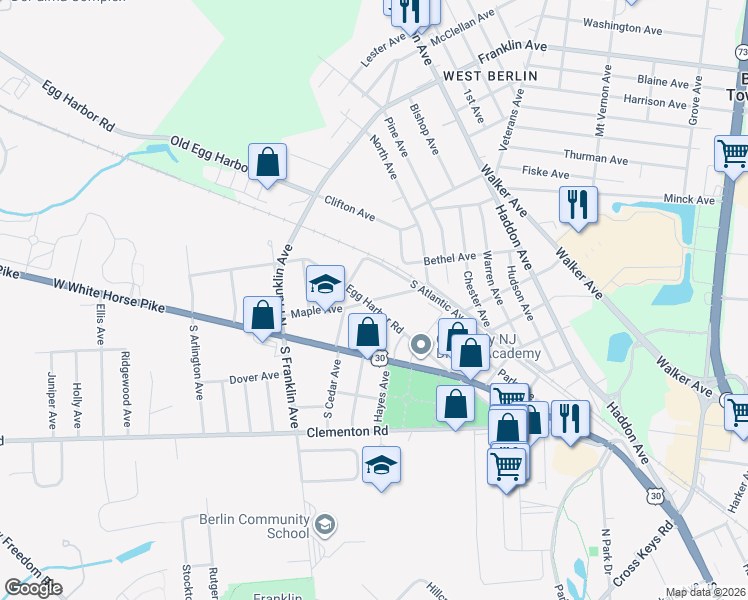 map of restaurants, bars, coffee shops, grocery stores, and more near 43 Egg Harbor Road in Berlin