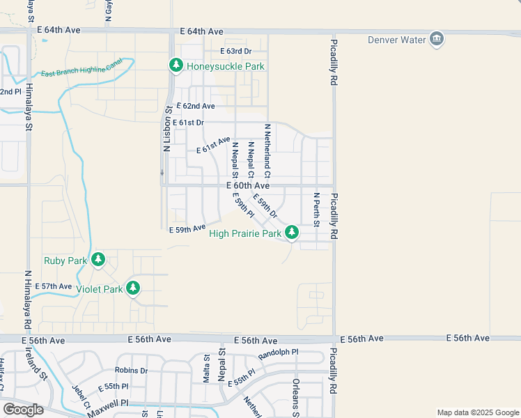 map of restaurants, bars, coffee shops, grocery stores, and more near 21383 East 59th Place in Aurora